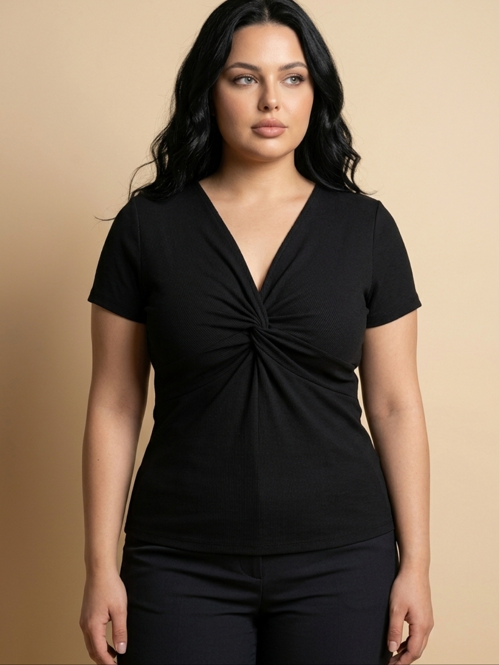 NWT She + Sky Black Ribbed Short-Sleeve Twist-Front V-Neck Top Sz 1XL